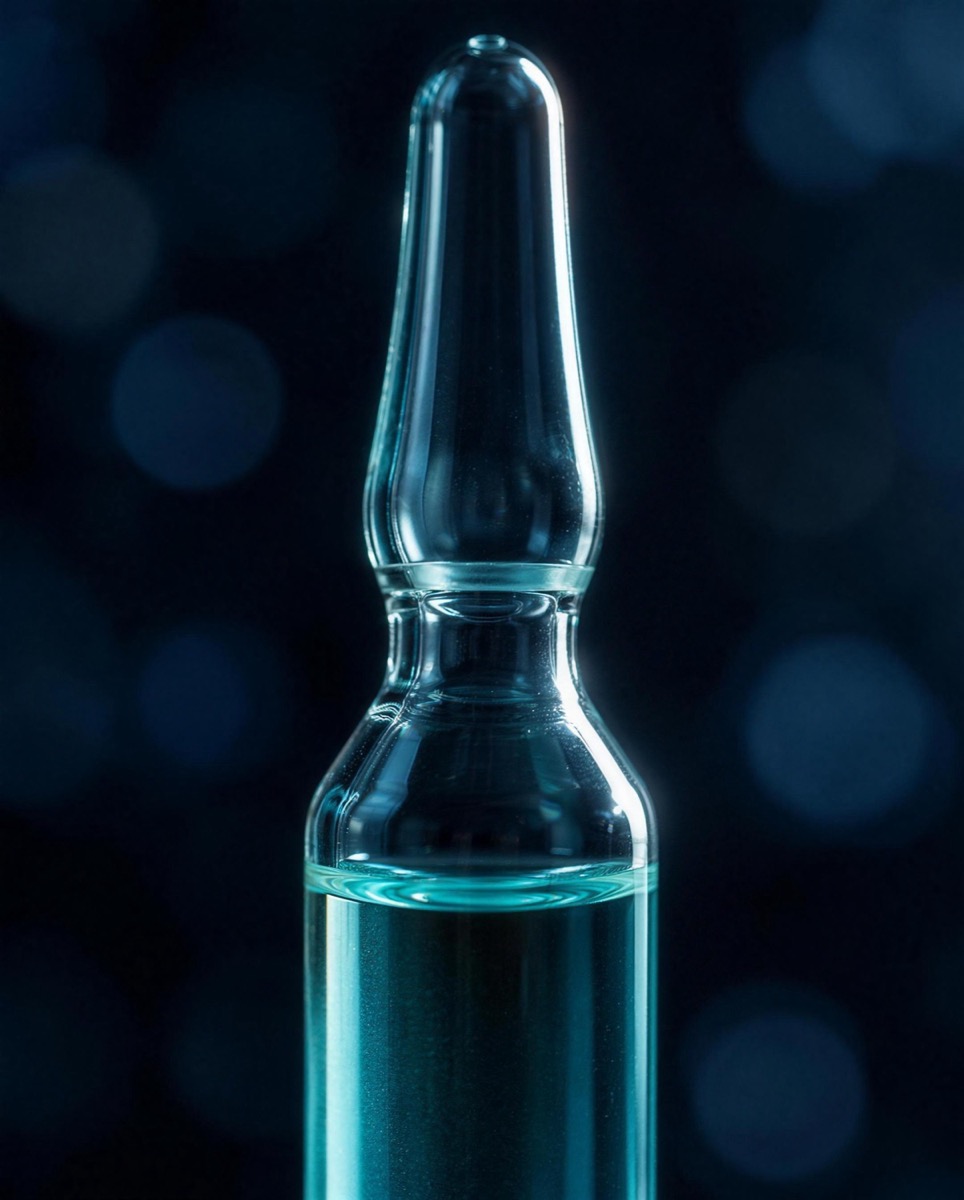 Ampolla de vidrio al contraluz sobre fondo azul oscuro